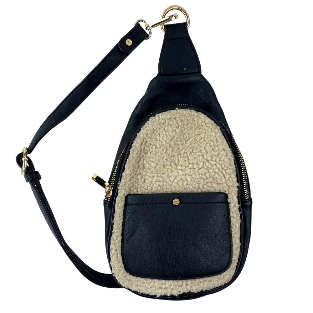 Anthropologie Mali + Lili Gwen Black Faux Leather Vegan Sherpa Sling Bag Handbag